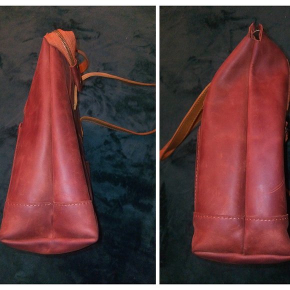 Babak Two Toned Square Leather Tote, Reddish Brown & Tan - Picture 9 of 15